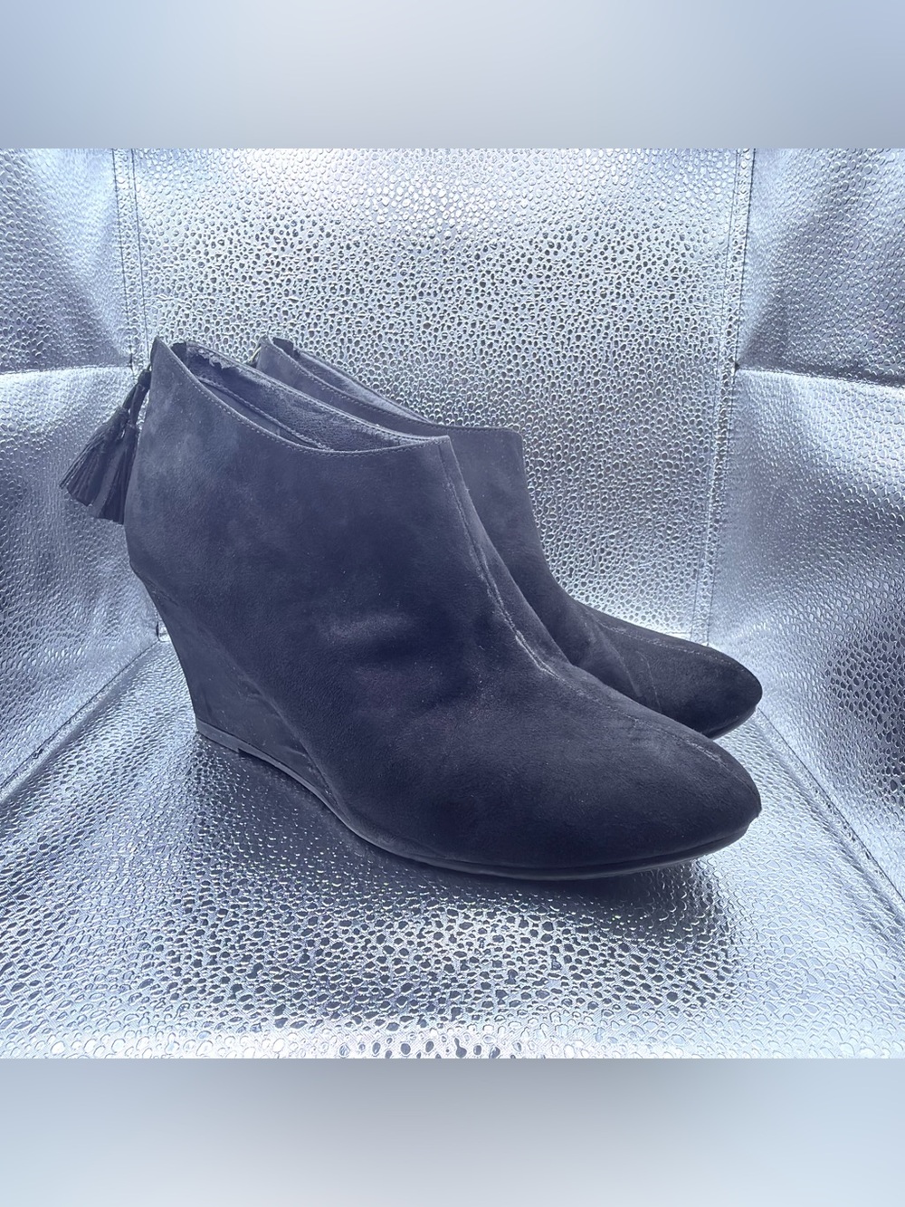 CL by Laundry Black Suede Wedge Ankle Booties with Tassel Zip